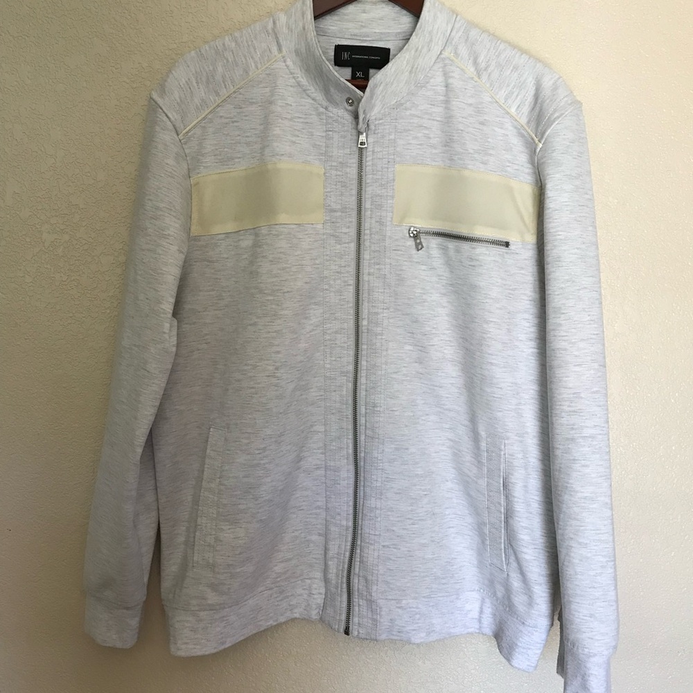 INC International Concepts Light Gray Zip-Up Sweater with Cream Accents